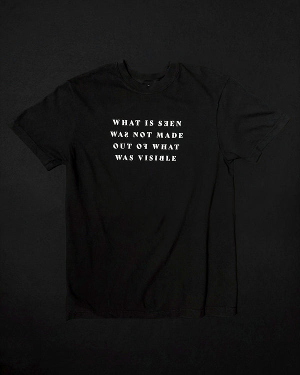 Front of Christian t-shirt with text on chest saying what is seen was not made out of what was visible